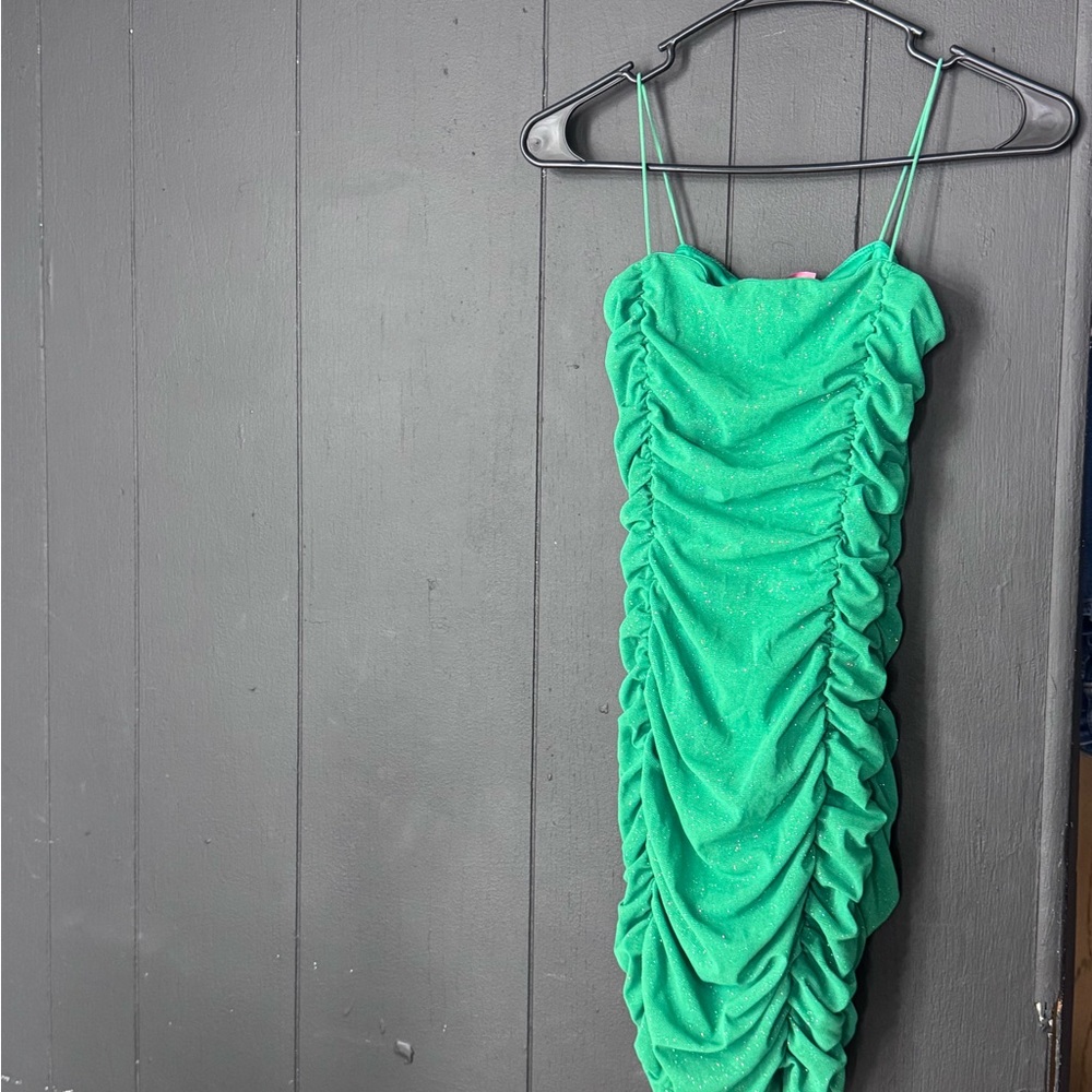 Green Ruched Spaghetti Strap Mini Dress
